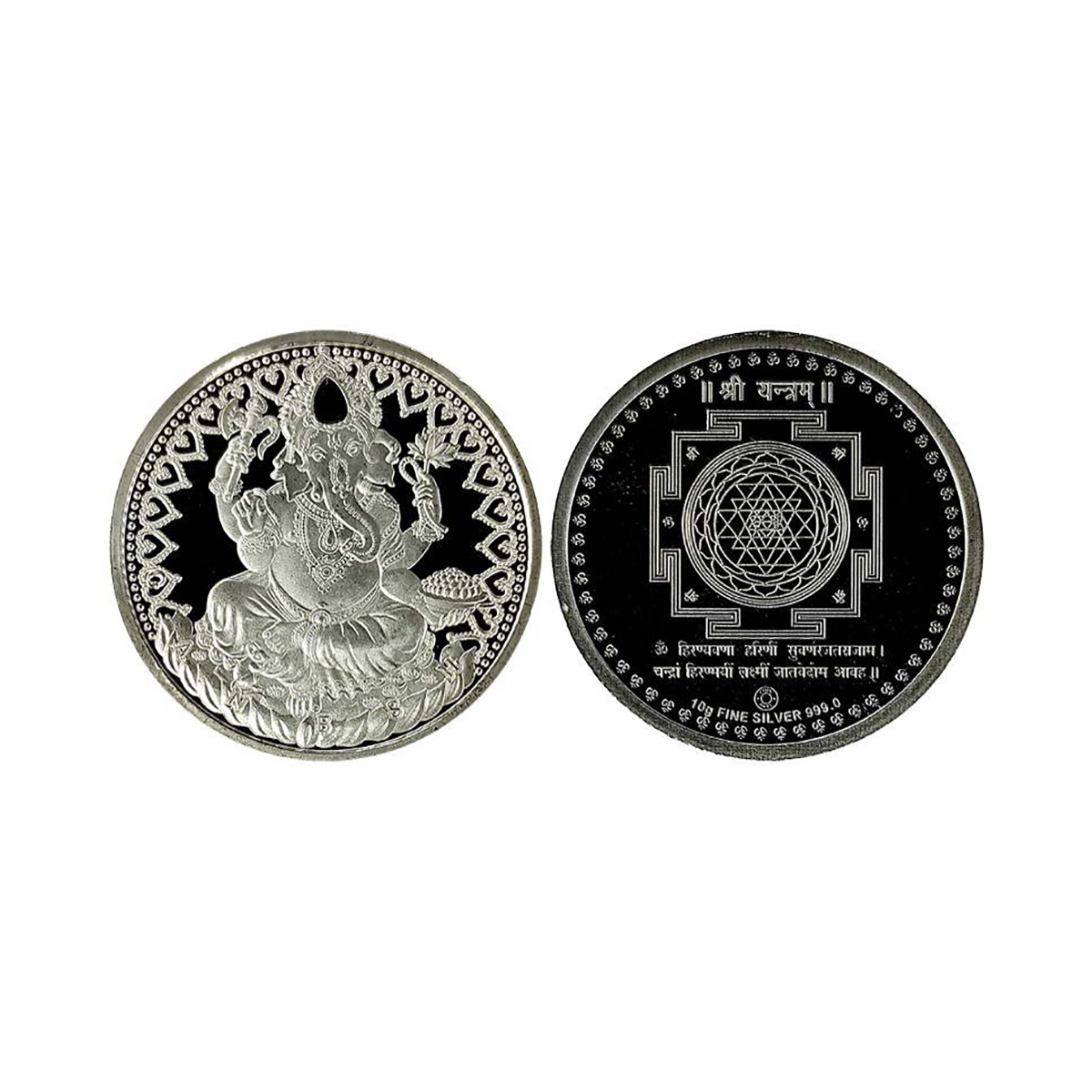 Ganesha, silver, 10g. Obv. Ganesha seated on a lotus within a border of lamps. Rev. Ganesh