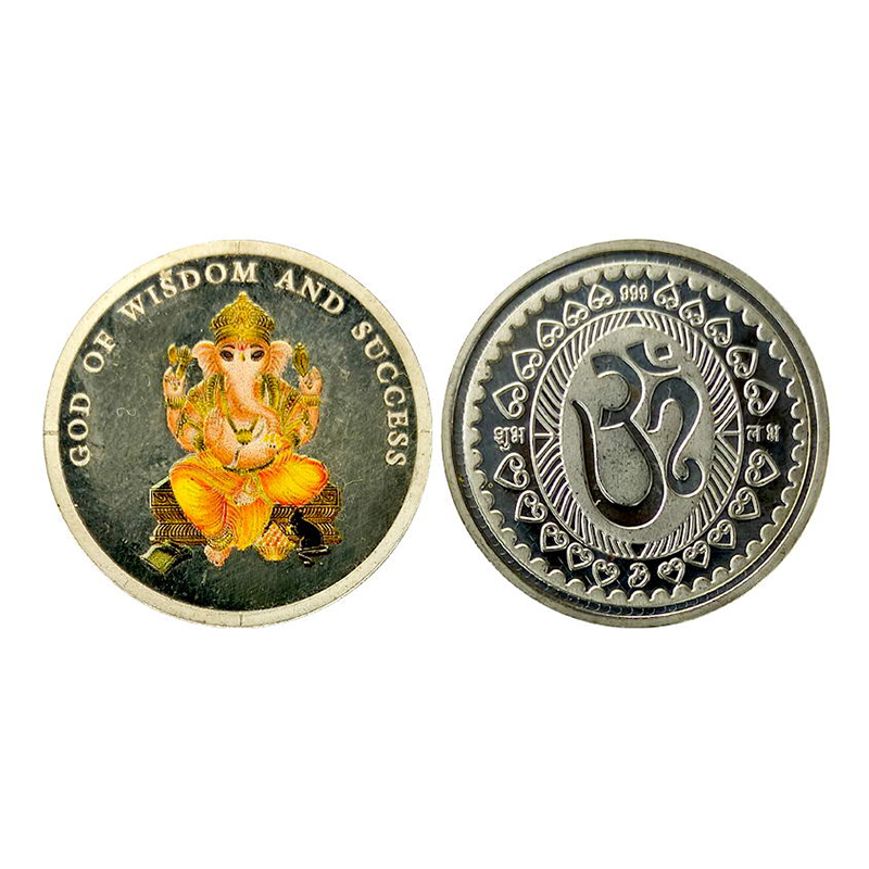 Ganesha, silver and enamel, 10g. Obv. Ganesha seated on a pedestal and legend on top "GOD 