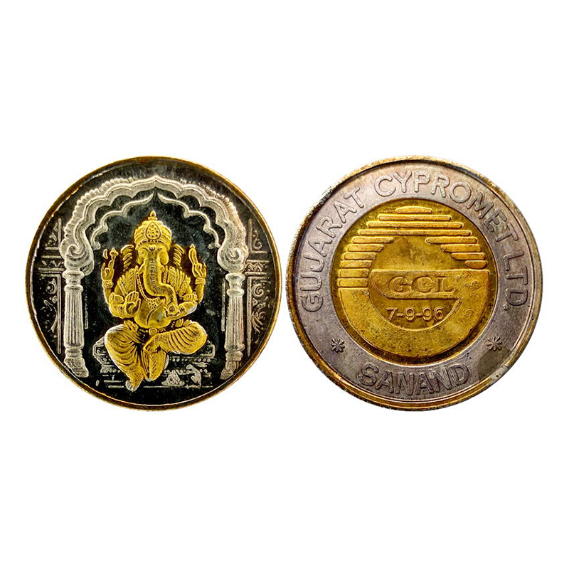 Ganesha, Gold gilt on Silver, 10g. Company token. Obv. Ganesha seated within an Arch. Rev.