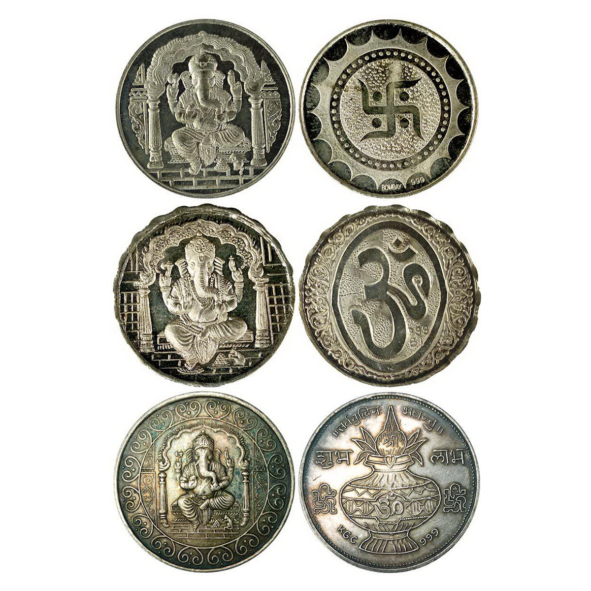 Ganesha, three old tokens. Silver, 10g. each Obv. Ganesha. Rev. Om, Kalash and Swastik. Al