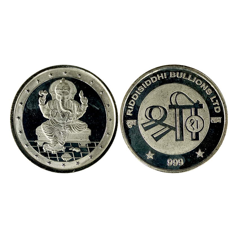 Ganesha, Silver, 10g. Bullion token. Obv. Ganesha seated on a pedestal within a border of 
