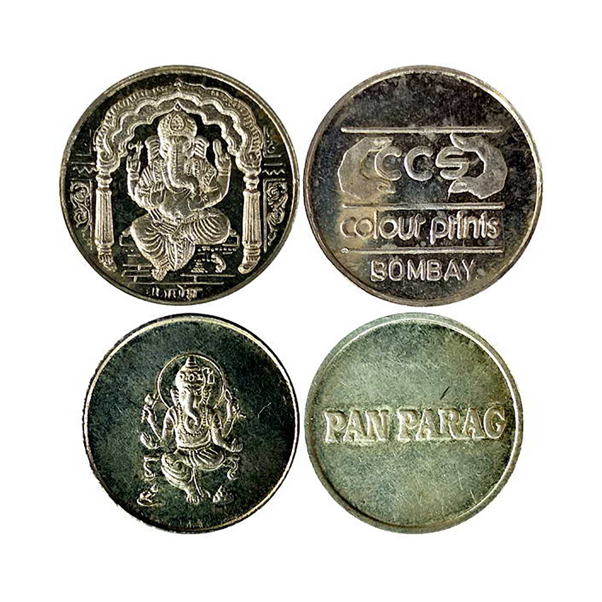Ganesha, two company tokens. Silver, 5g. each Obv. Ganesha. Rev. Company name. UNC. Compan