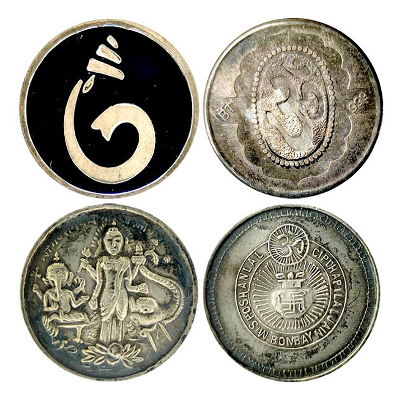 Ganesha, two old tokens. Silver, 5g. each Obv. Laxmi Ganesha, and Ganesha in enamel. Rev.O