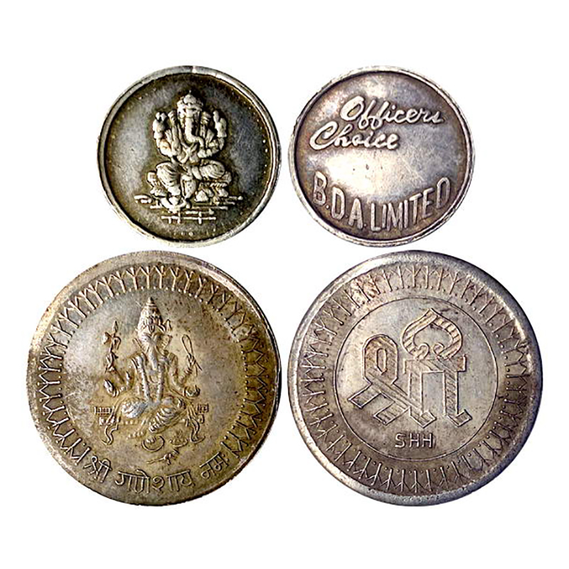 Ganesha, two old tokens. Silver, 2.5g & 1.5g. Obv. Ganesha, and. Rev. SRI, company name et
