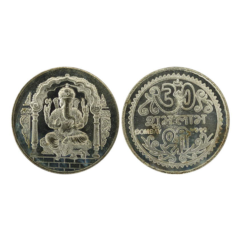 Ganesha, White metal, obv. Ganesha seated in an arch. Rev. OM, SRI and SUBH LABH. UNC. SCA