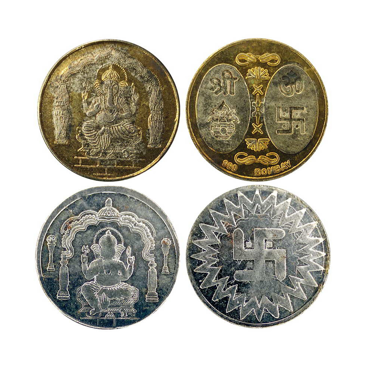 Ganesha, White metal, 2pcs. obv. Ganesha seated in an arch. Rev. Swastika. UNC. SCARCE. (2