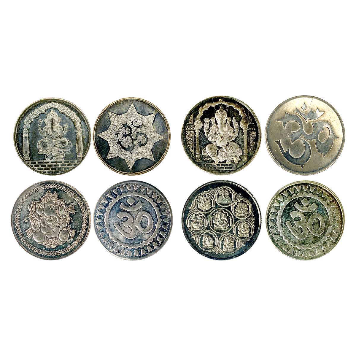 Ganesha, White metal, 4pcs. obv. Ganesha seated in an arch. Astavinayak etc. Rev. OM in di