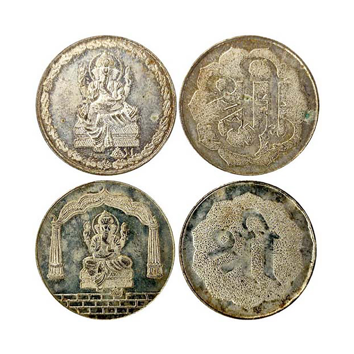 Ganesha, White metal, 2pcs. obv. Ganesha seated in an arch. Astavinayak etc. Rev. SRI in d