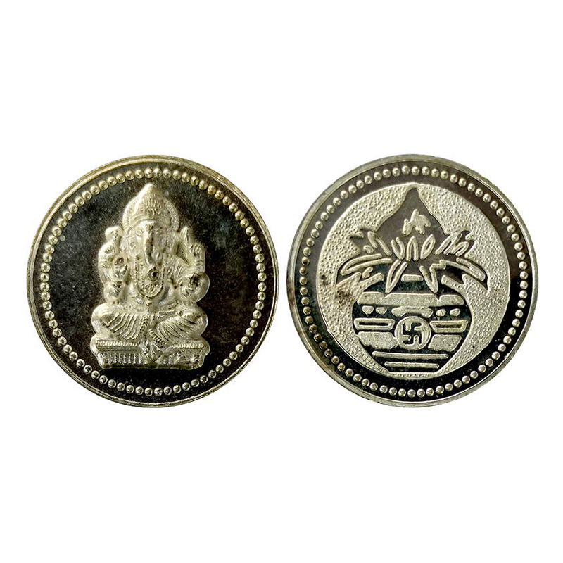 Ganesha, White metal, Heavy issue. 15g obv. High relief Ganesha seated Rev. kalash. UNC. S