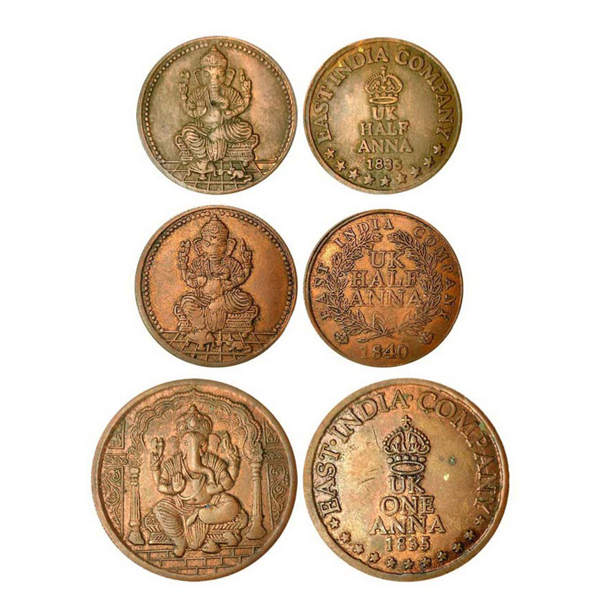 Ganesha, Copper Street Token, 3pcs. All different in size and weight etc. obv. Ganesha sea