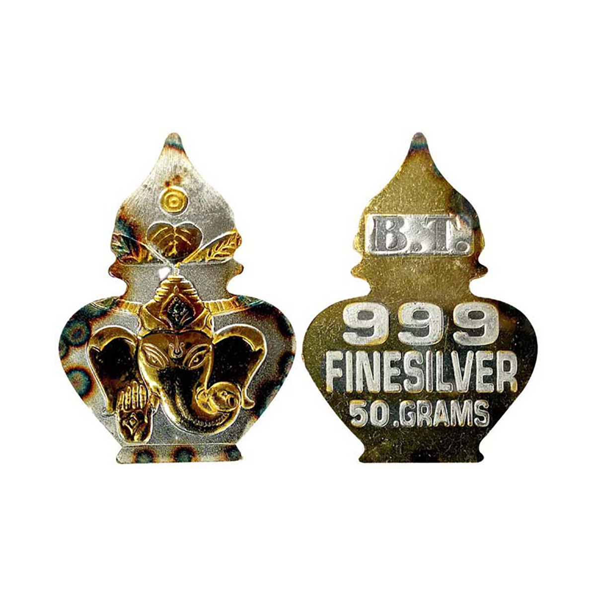 Ganesha, Kalash bar. Gold gilt on Silver, 50g. Obv. Ganesha head on a Kalash shape planche