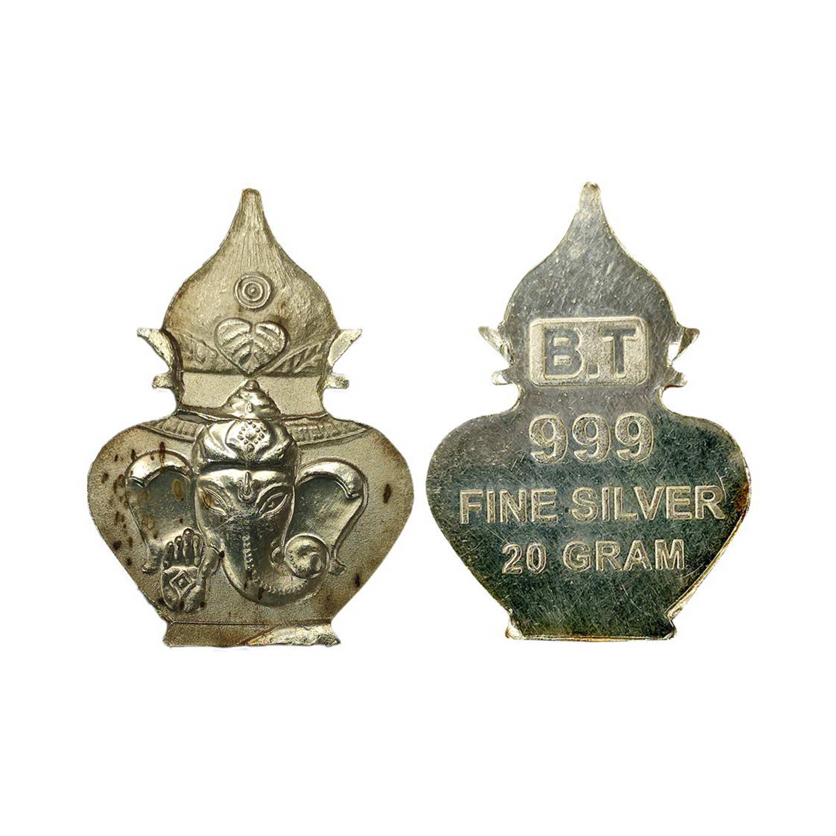 Ganesha, Kalash bar. Silver, 20g. Obv. Ganesha head on a Kalash shape planchet. Rev. Monog
