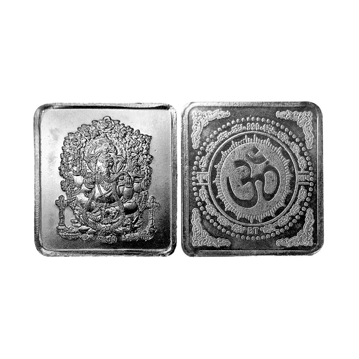 Ganesha, Square bar, Silver, 20g. Obv. Ganesha seated on an intricate throne. Rev. OM. UNC