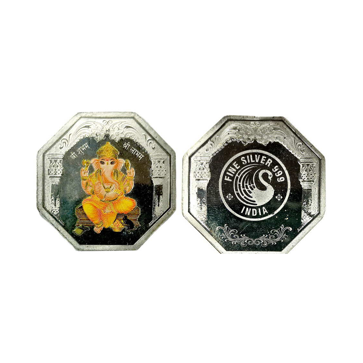 Ganesha, Octagonal bar. Silver and enamel, 20g. Obv. Ganesha seated on a pedestal in an oc