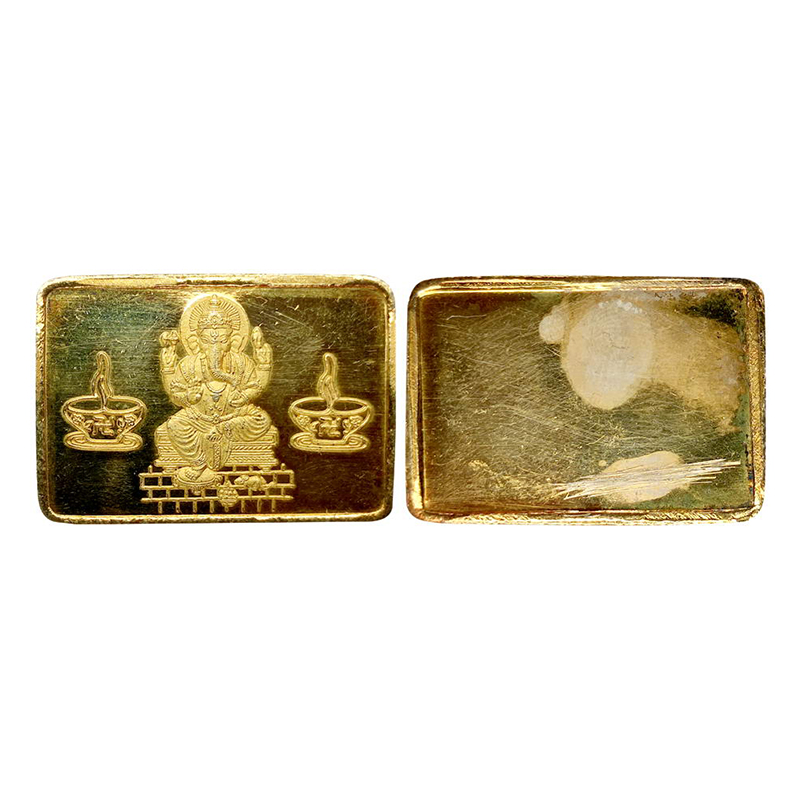 Ganesha, rectangular bar, Gold gilt on Silver, 15g. Obv. Ganesha seated on a pedestal betw