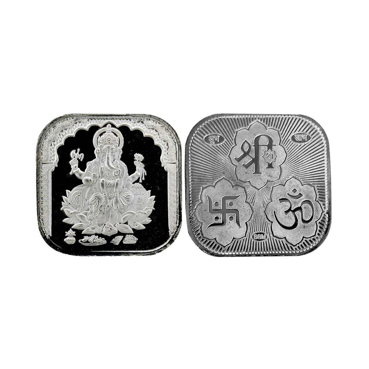 Ganesha, Square bar, Silver, 15g. Obv. Ganesha seated on a lotus. Rev.OM, SRI and SWASTIKA