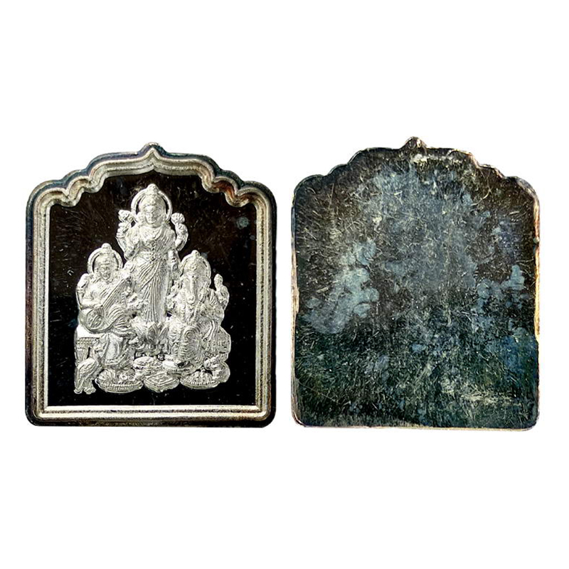 Ganesha, TEMPLE bar, Silver, 10g. Obv. Trimurti of Laxmi, Saraswati and Ganesha seated on 
