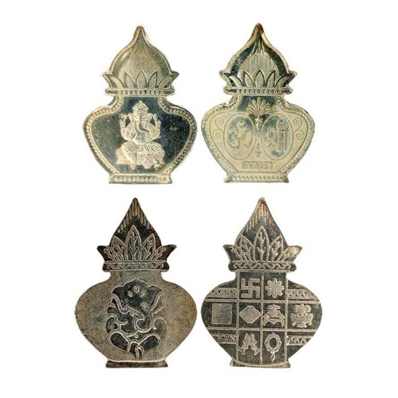Ganesha, Kalash bar. 2 pcs. Silver, 5g. Each. Obv. Ganesha on a Kalash shape planchet. Rev
