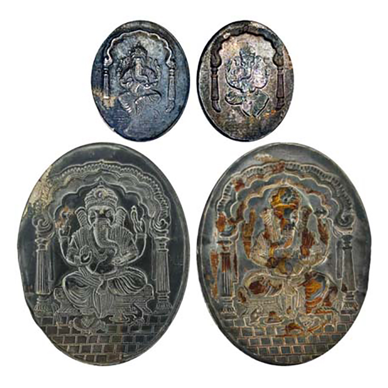 Ganesha, Repousse badge, 2 pieces, Silver, 3g. and 1.2g. Obv. Ganesha seated in an arch Re