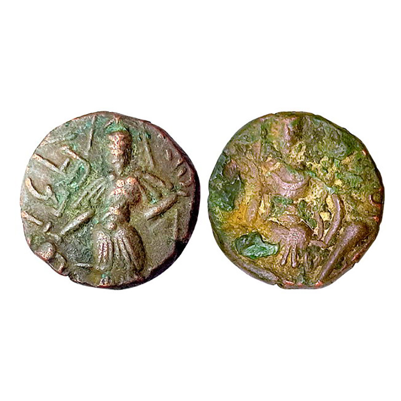 Huns, Kashmir, Toramana II (c. 540-570 AD), Copper Drachma, 6.83 g, obv. king standing sli