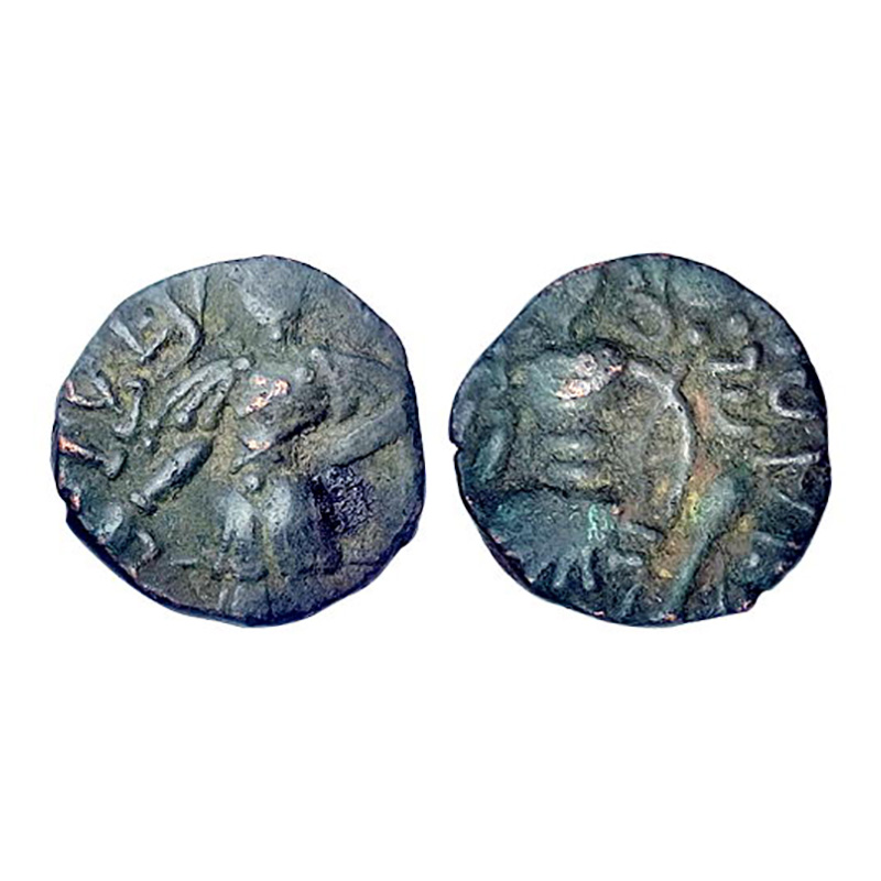 Huns, Kashmir, Toramana II (c. 540-570 AD), Copper Drachma, 6.82 g, obv. king standing sli