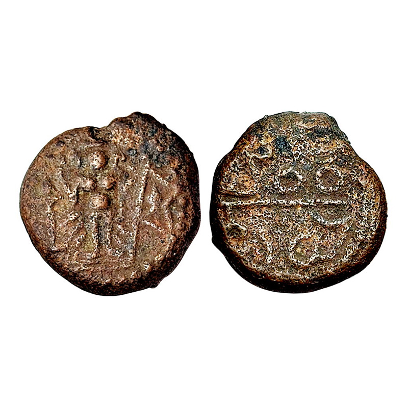 Madurai Nayakas, in the name Venkata raya II (1586-1614 AD), Copper Jital, 3.3 g. Rev. Tel