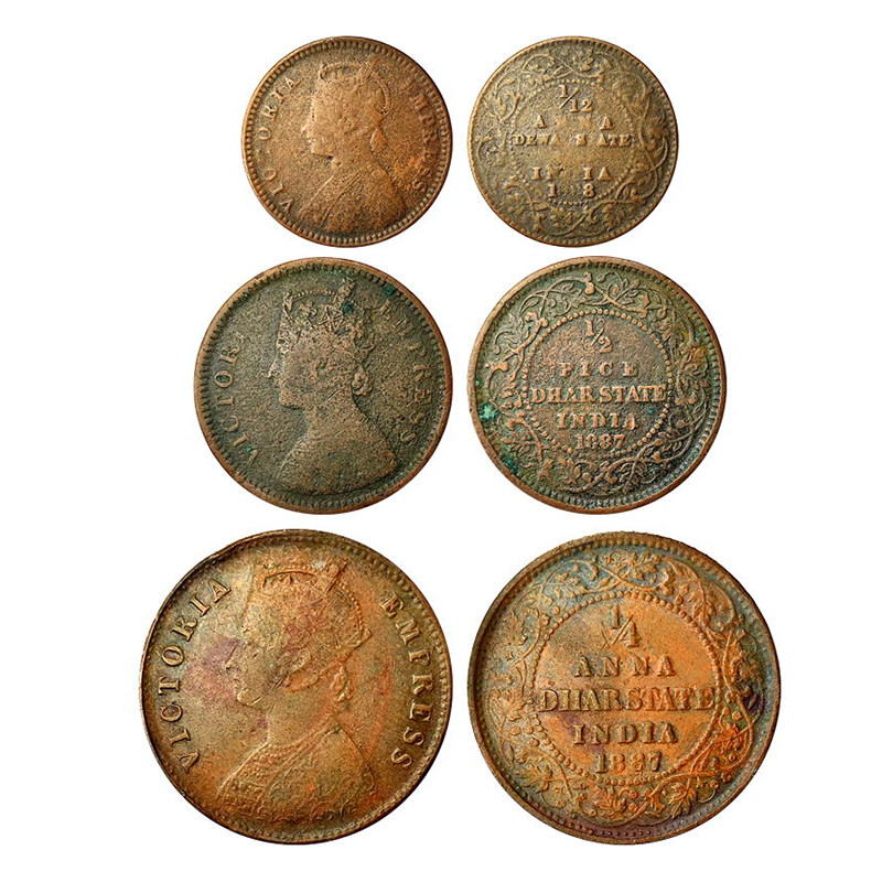 Dhar (2) and Dewas, Copper (3), Dhar, ¼ Anna, 1887; and ½ Pice, 1887; Dewas, Copper, 1/12 