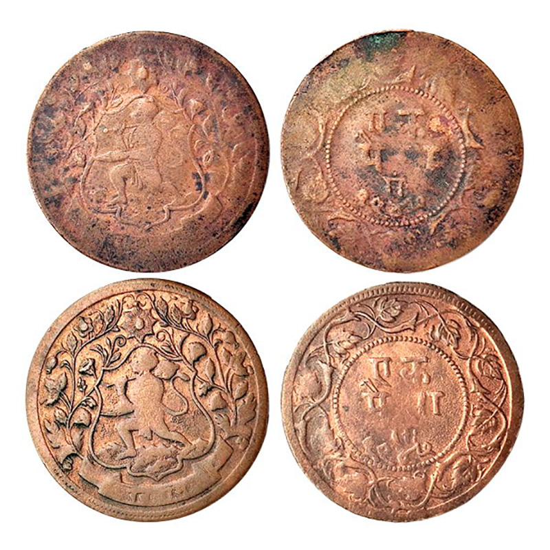 Ratlam, Paisa, Copper, Hanuman type, Machine struck thin planchet, One with normal axis an