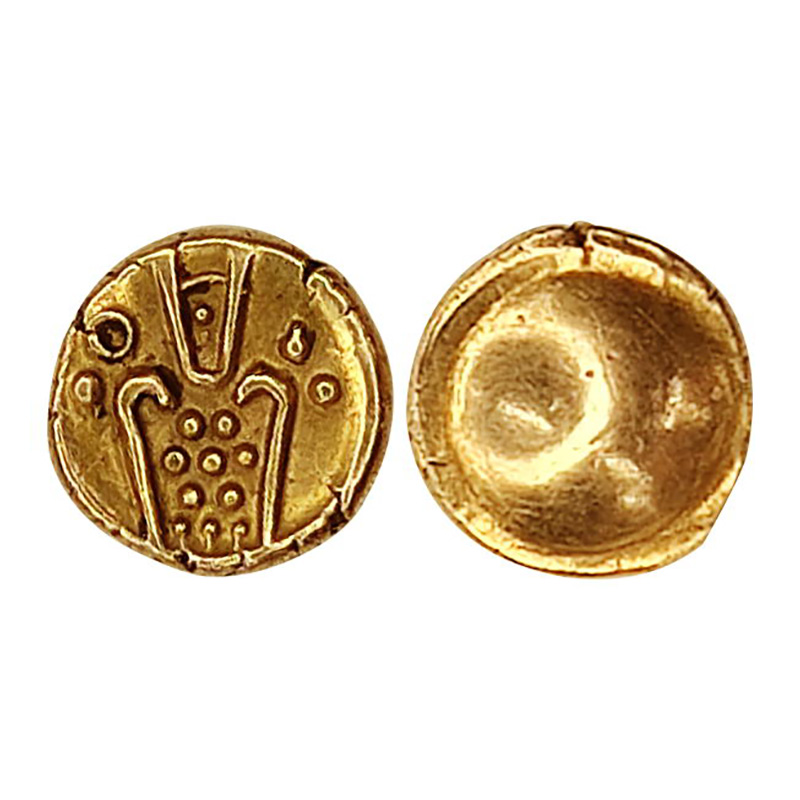 Globular Fanam, Gold, 0.37 g. Obv. Degenerate form of Goddess Kali. Rev: a globular dot. E