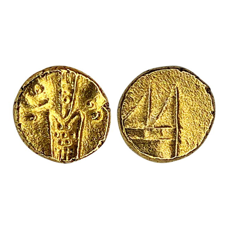 Ship Fanam, Gold, 0.36 g. Obv. Degenerate form of Goddess Kali with sun and moon to the le