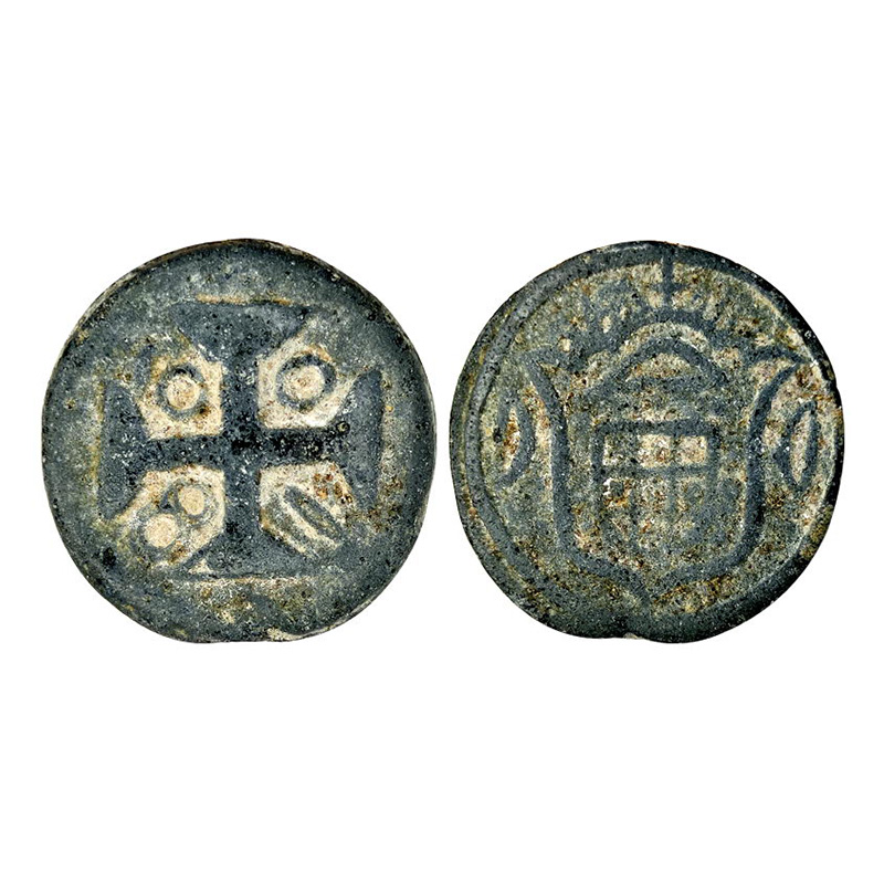 Diu, Tin, 16.69 g, 20 Bazarucos, Maria, 1800 within a Cross on obv. Shield on rev. D / D o