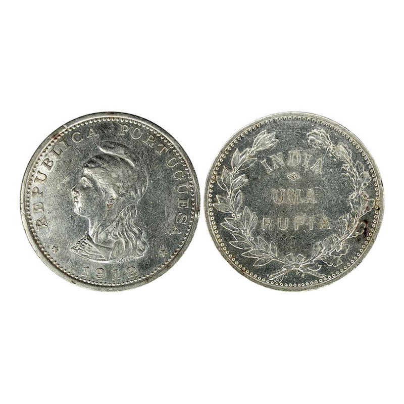 Goa, Republic, Silver, 1 Uma Rupia, 1912, the normal 2 without re-engraved 2 over 1 on obv