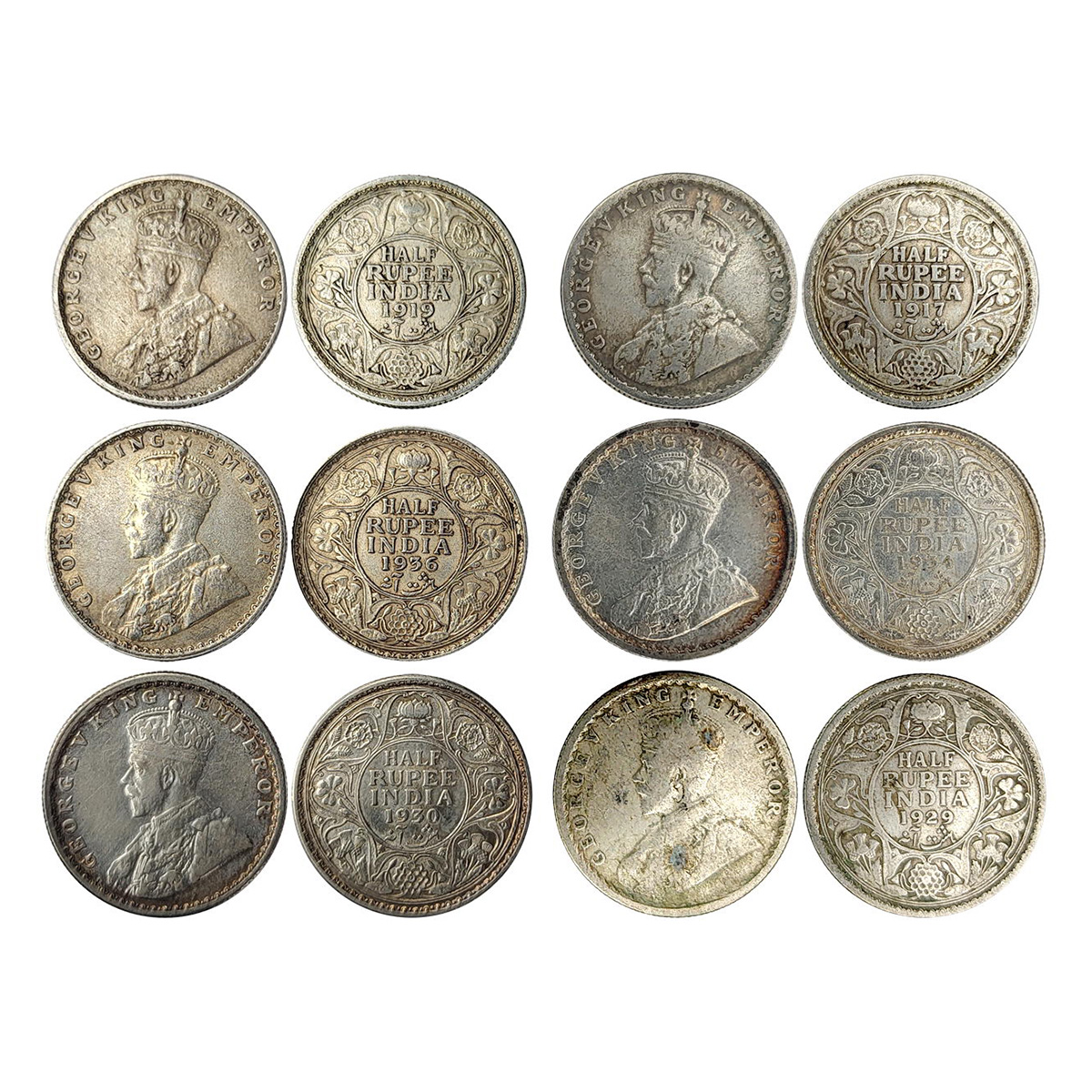 Silver, George V, ½ Rupee, 1917 - B, 1919 - B, 1929 - C, 1930 - C, 1934 - C and 1936 – B. 