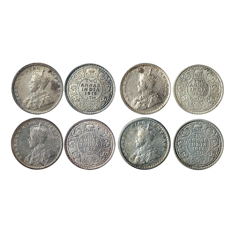 George V, 2 Annas, 1912- B (2), 1913 - B, 1914 – C, Silver. All UNC. Rare early dates. (4)