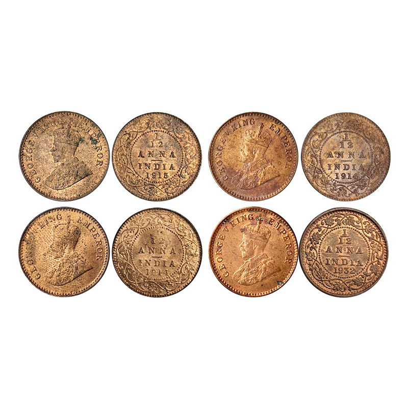 Paper, George V, 1/12 Anna, 1914- C (2), 1915-C (rare year), 1932-C. All Almost UNC. (4)..