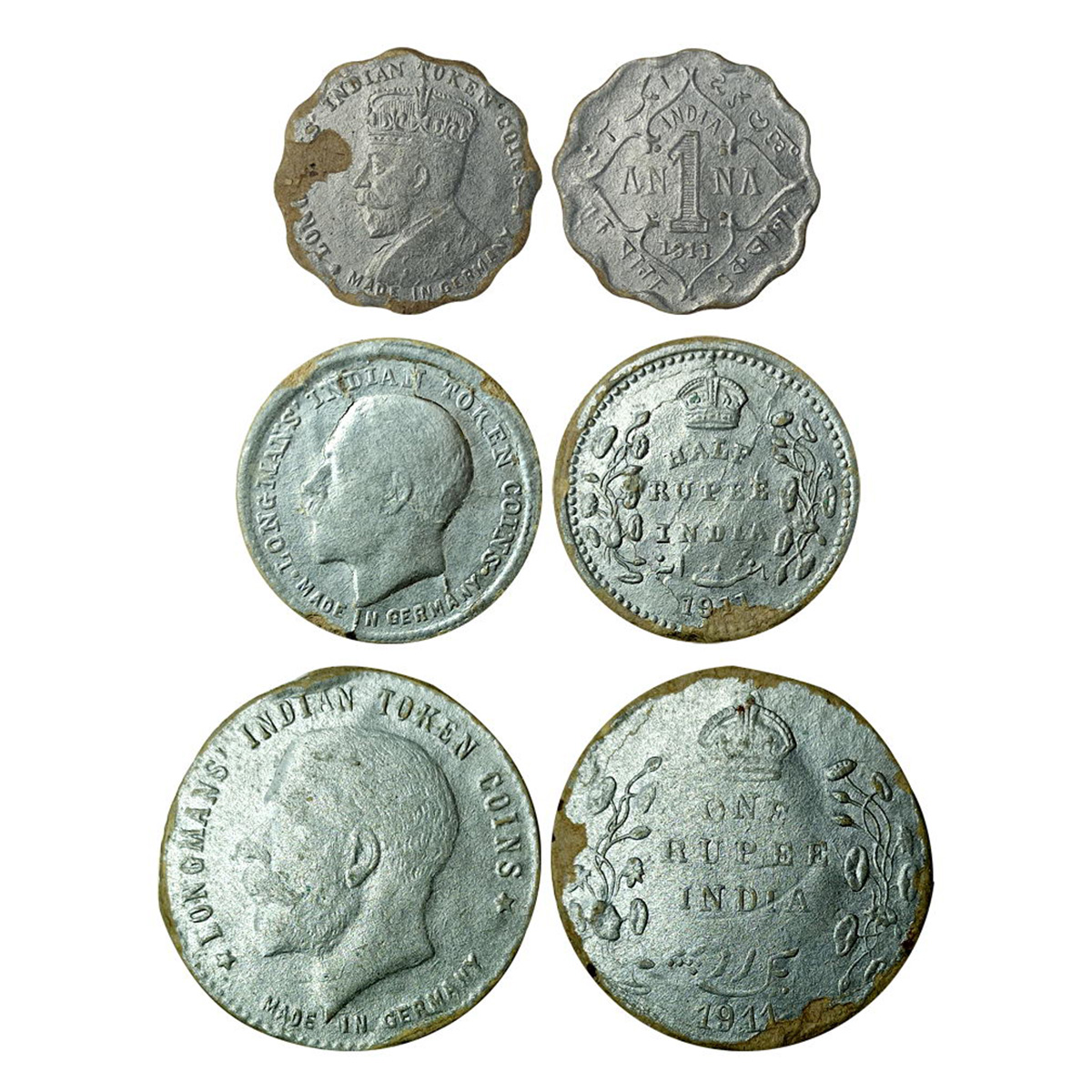 Paper, British India Cardboard Tokens (3), 1 Rupee, George V, 1911; ½ Rupee, George V, 191
