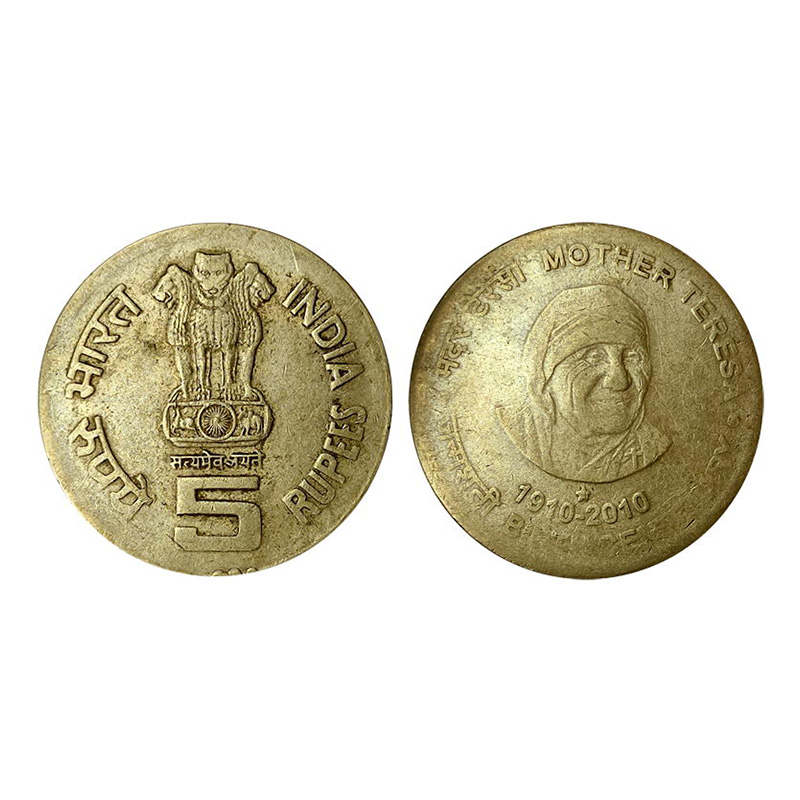 5 Rupees Mule, Nickel-Brass, 2010, Mother Teresa Commemorative Issue, Hyderabad Mint, Slim