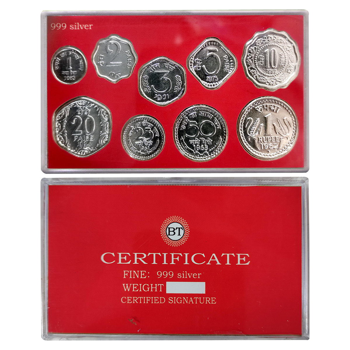 A set of Republic India coins struck in Silver. Less than 5 g. 1 Paisa, 2 Paise, 3 Paise, 