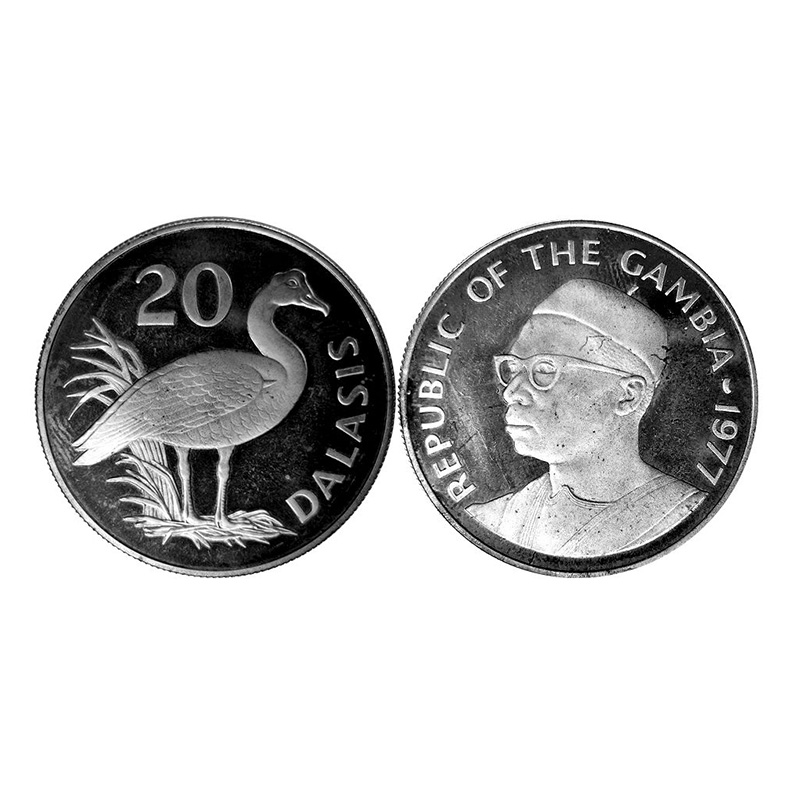 Gambia, Silver, 2 Dalasis Proof, 1977. Bust on obv, bird on rev. Proof. ...