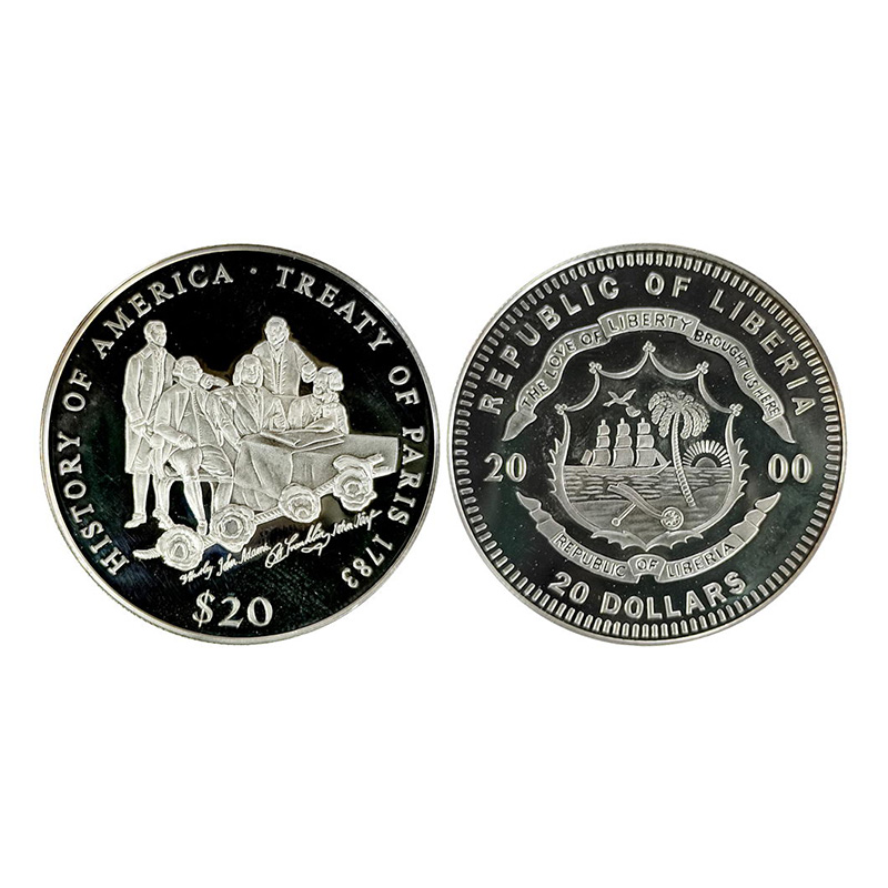 Liberia, Silver, 20 Dollars Proof, 2000. History of America – Treaty of Paris – 1783 comme