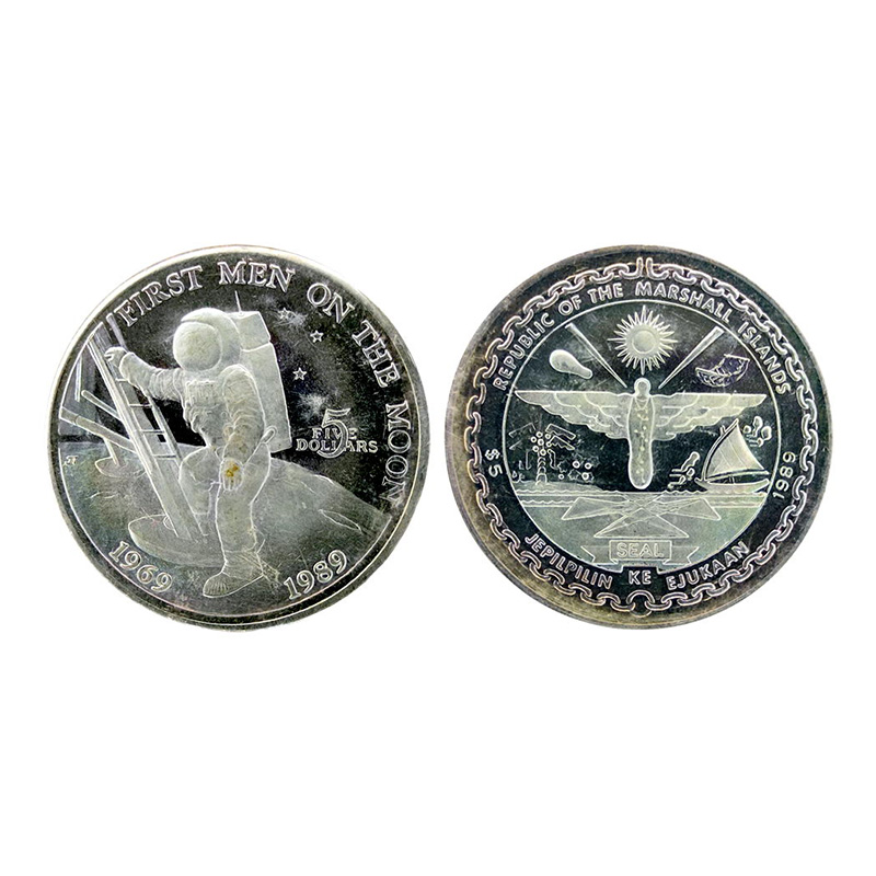 Marshall Islands, Silver, 5 Dollars Proof, 1969-1989, First Man on the Moon Series. BUNC w