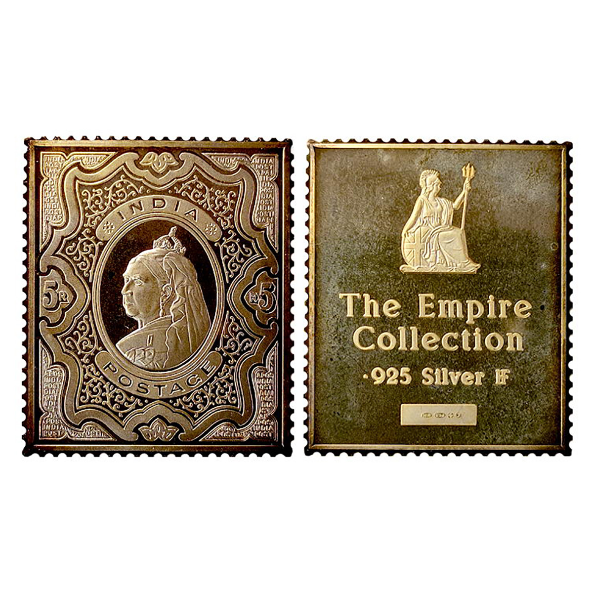 Gold Gilt Silver Stamp Ingot, British India Post, Queen Victoria, 5 Rupees, 22 g. The part