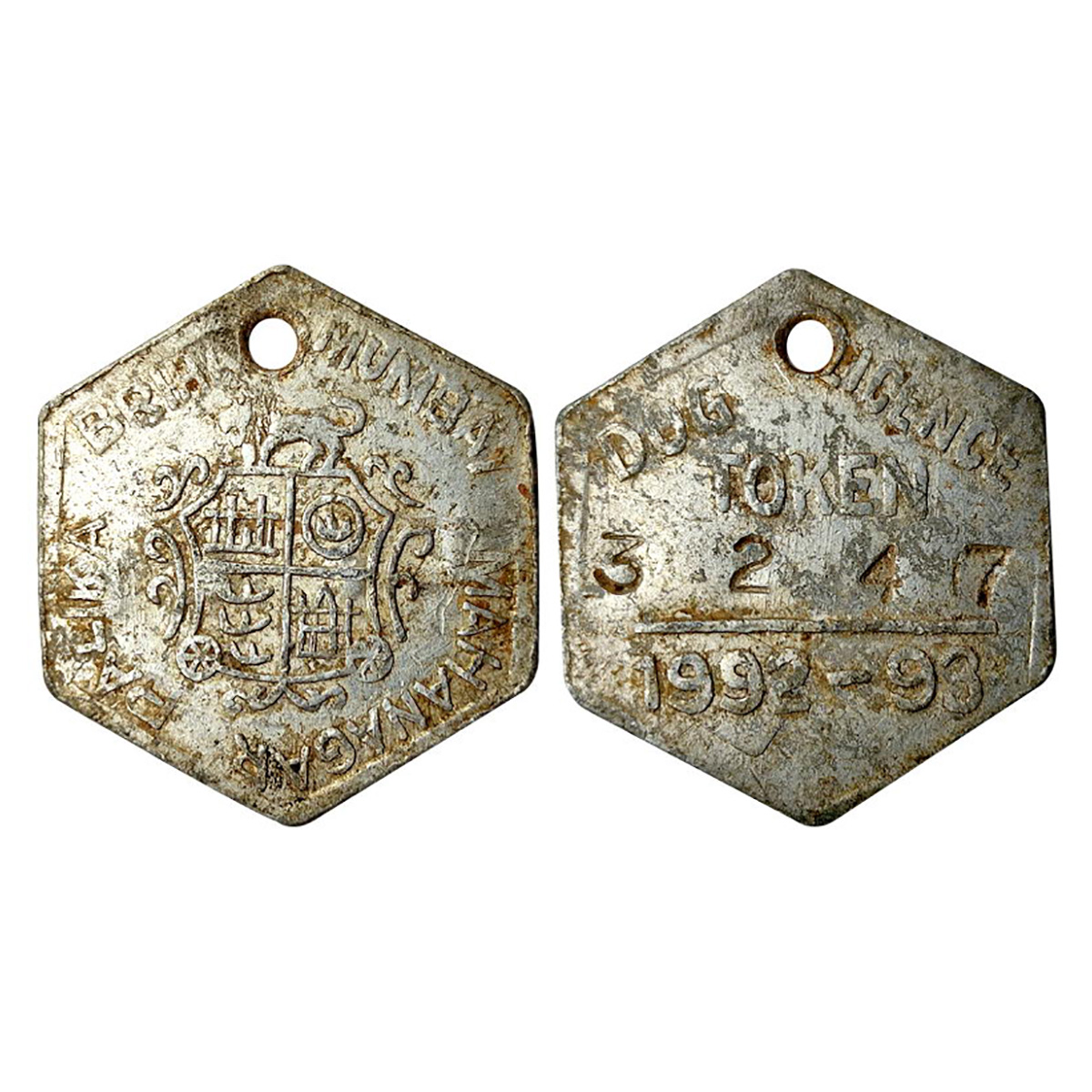 Aluminum, Dog License, Aluminium, Bombay Munucipal Corporation issued for the year 1992-93