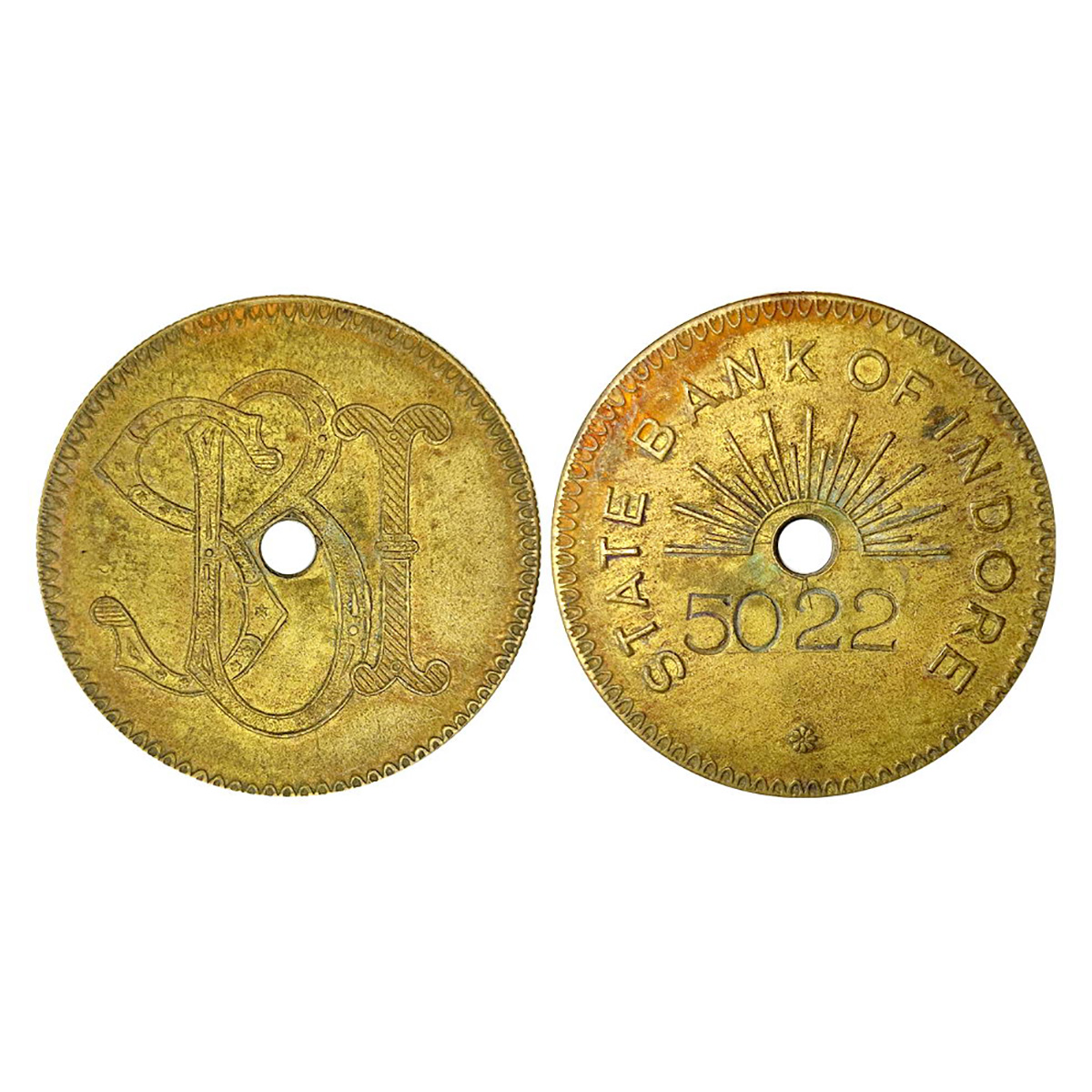 State Bank of Indore Bank Token, Copper, rising Sun in centre and bank name around on obv,