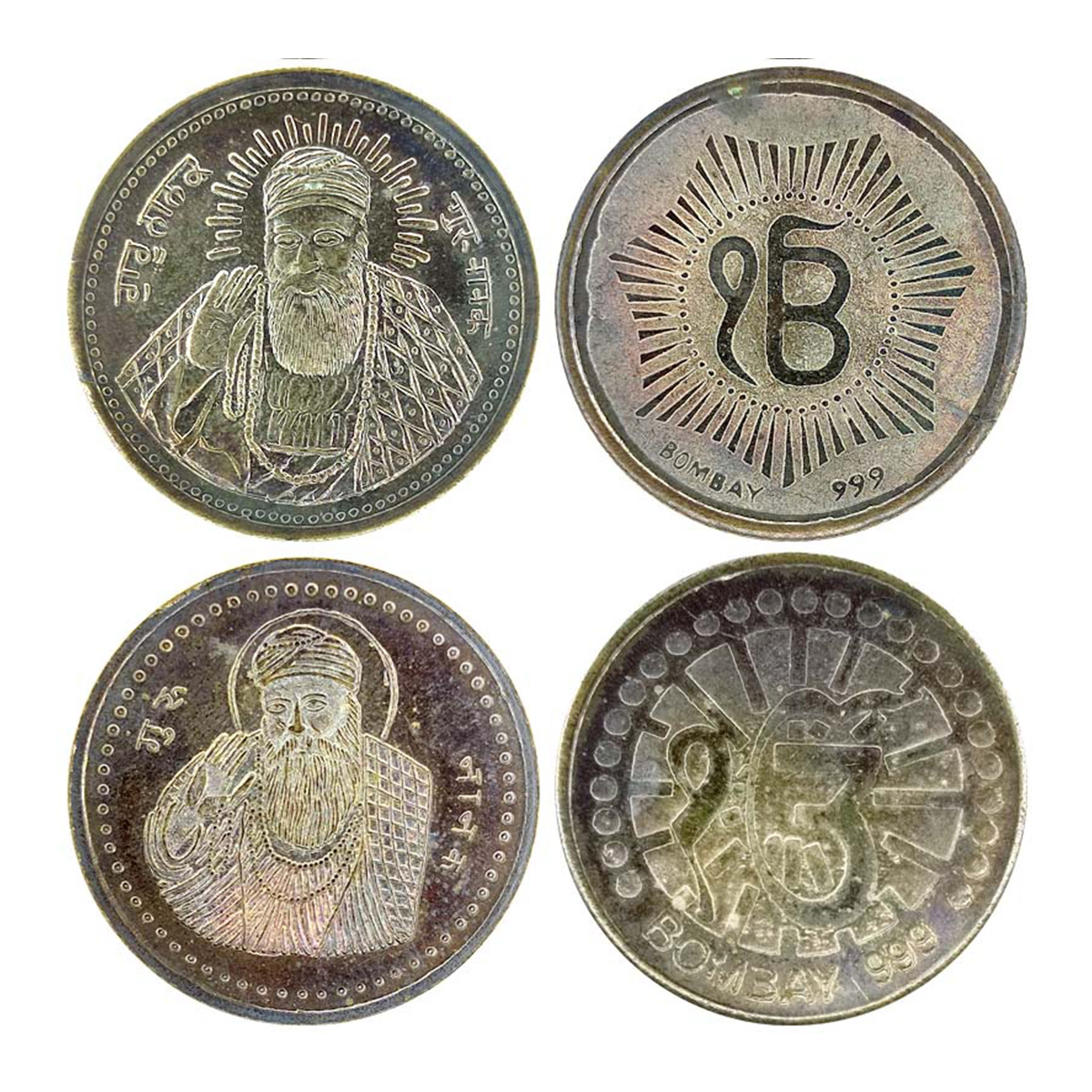 Cupro - Nickel, Sikh Token, Copper-Nickel (2), portrait of Guru Nank on obv, 1 Aum and a s