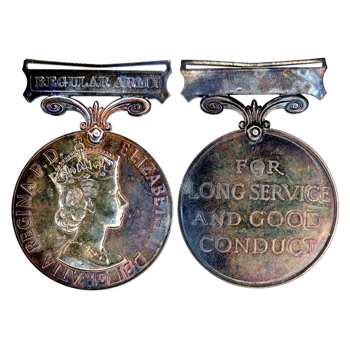 Cupro - Nickel, Queen Elizabeth, Long Service Medal, Regular Army Clasp. Silver plated on 
