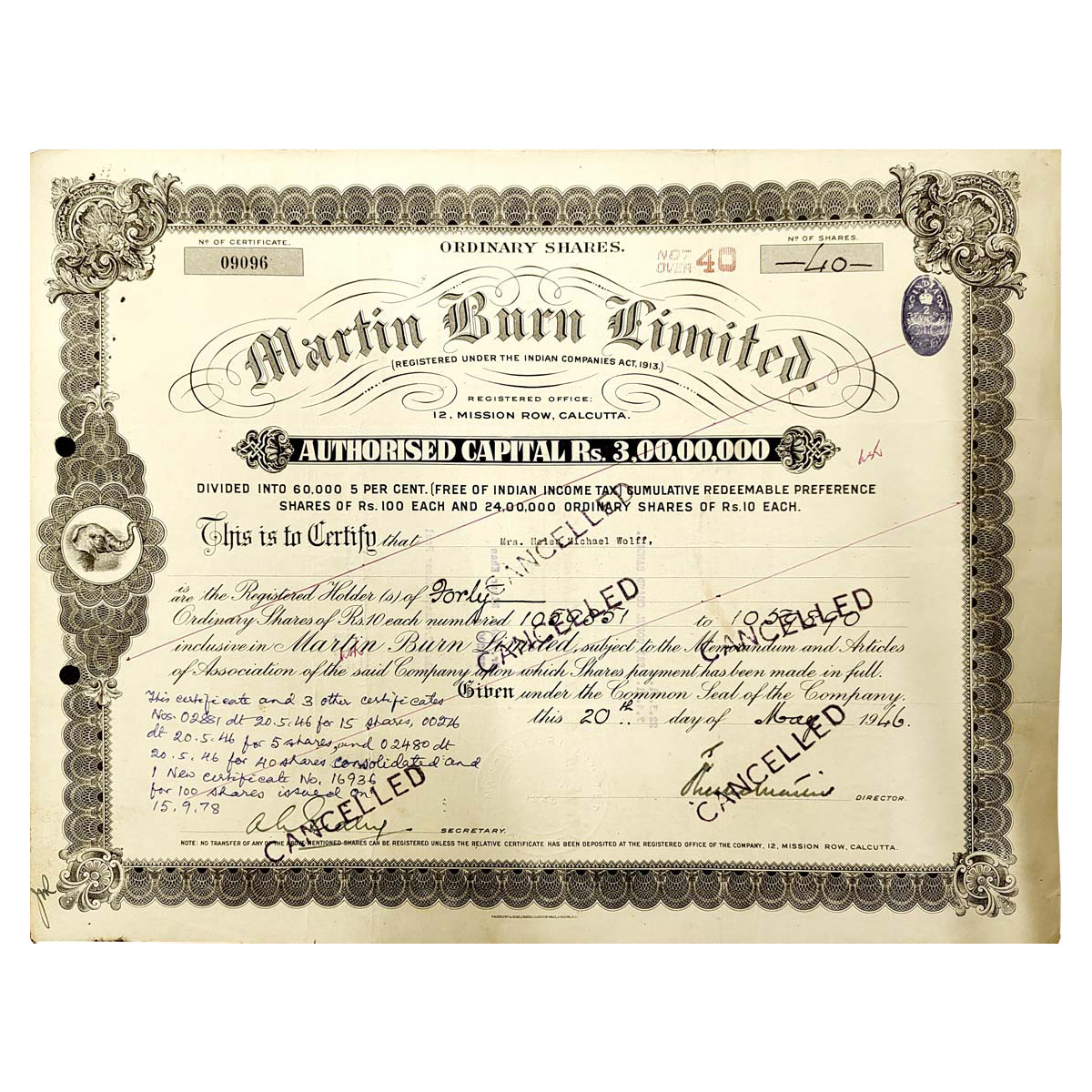 Paper, Martin Burn Ltd., Calcutta. Share Certificate of 40 Shares, dated 20 March 1946. A 