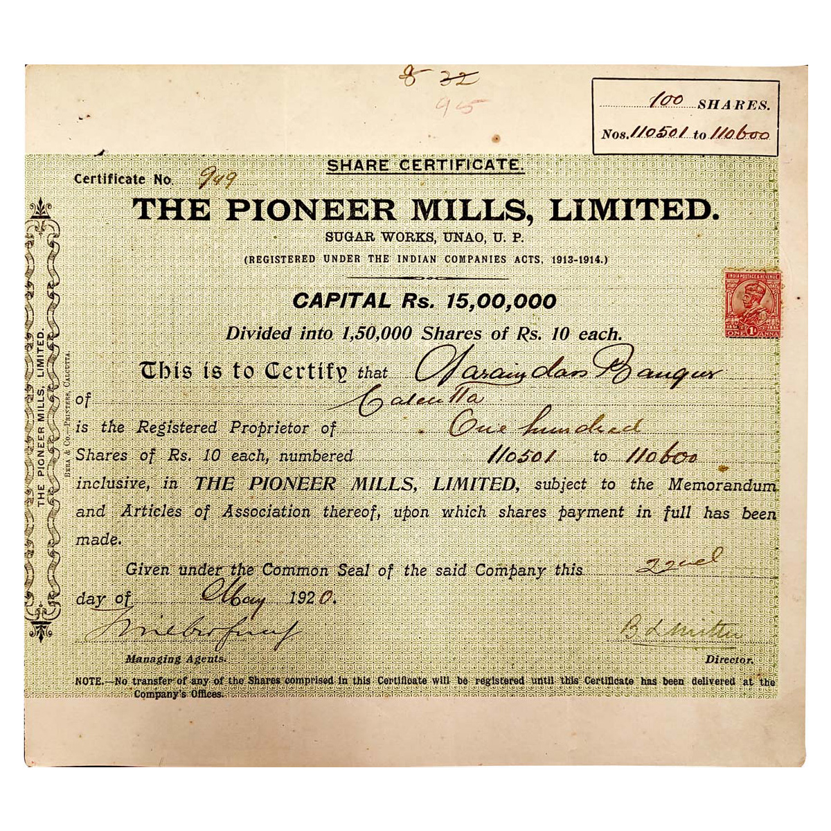 Paper, The Pioneer Mills Ltd. Share Certificate of 100 Shares, dated 22 May 1920. 1 Stamp 