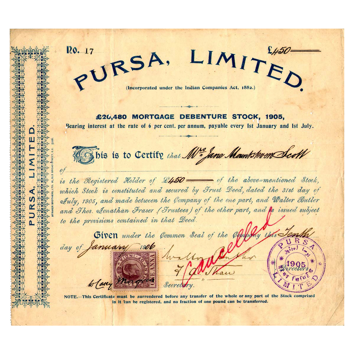 Paper, Pursa Ltd. Share Certificate of 450 Shares, dated 10 January 1906. 1 Stamp of 1 Ann