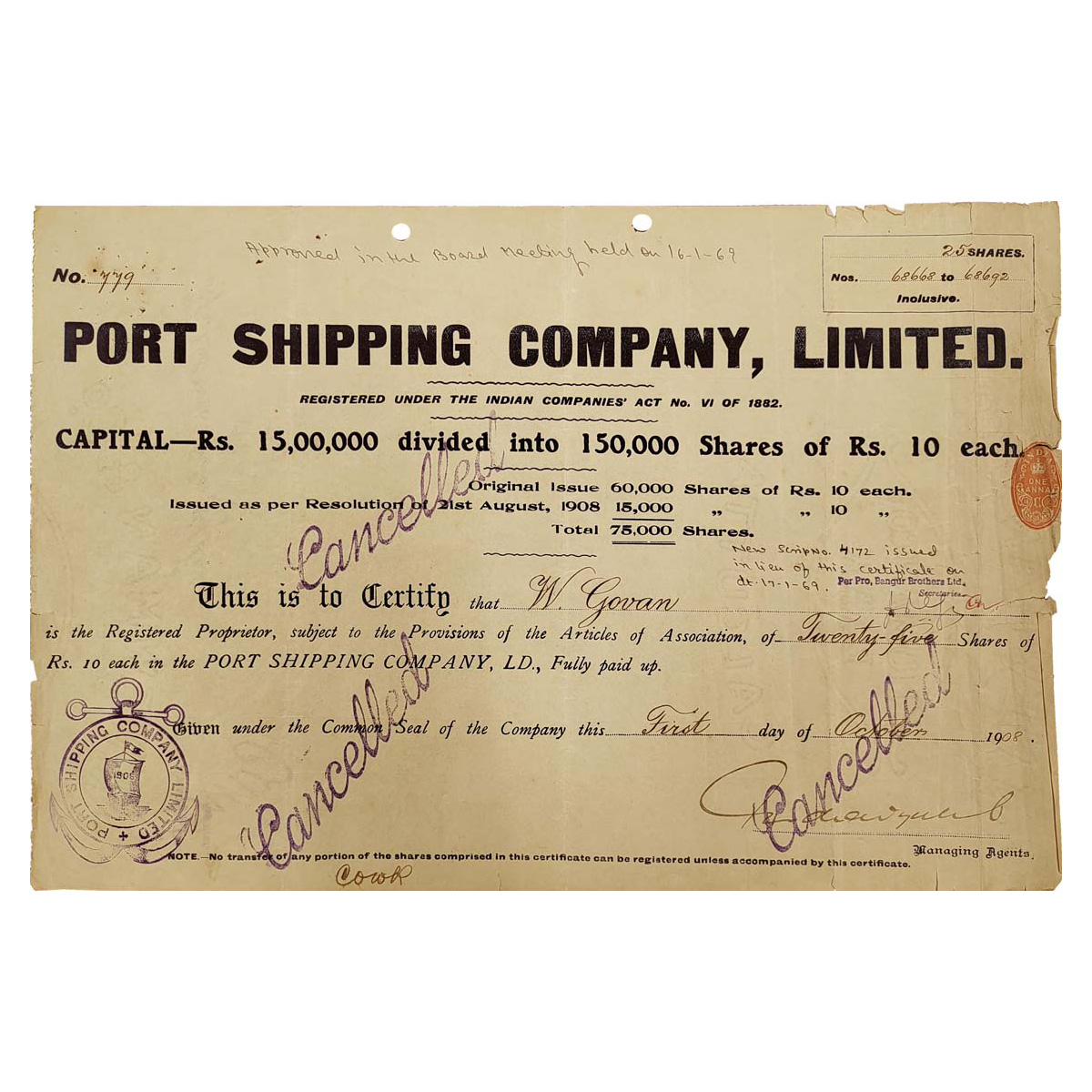 Paper, Port Shipping Co. Ltd. Share Certificate of 25 Shares, dated 1 October 1908. 1 Stam